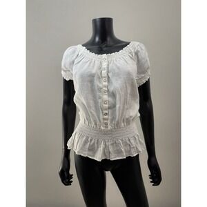 Saint Tropez West 100% Linen Peasant Blouse White Smocked Waist XL Boho Cottagec